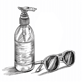 sunglasses and sunscreen bottle sketch style black ink