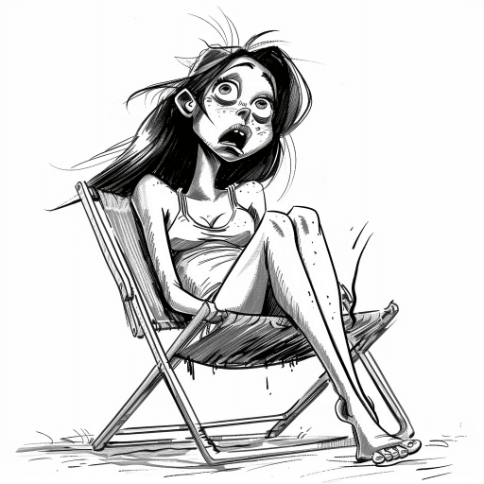 A black ink caricature of a shocked woman sitting in a beach chair