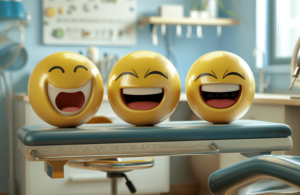 Three emoticons sitting on a medical chair, expressing laughter