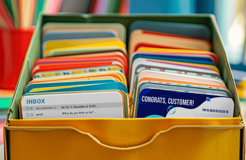 A box of colorful cards