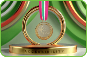 trophy with the word "accessibility" on it and a medal with the SFC logo over it