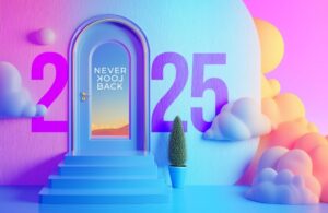 Purple sky with colorful clouds and a round funky house featuring a large transparent door displaying the numbers 2025 and text "never look back". Through the door, another world or dimension is visible