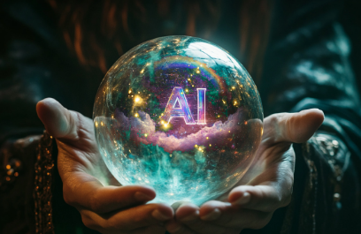 A pair of hands gently cradles a glowing crystal ball, with the letters “AI” illuminated inside. The scene has a mystical, futuristic atmosphere, with a teal and blue glow emanating from the crystal ball, casting light on the surrounding area.